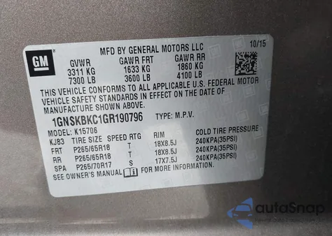 2016 Chevrolet Tahoe Lt z USA, uszkodzony, nr VIN 1GNSKBKC1GR190796